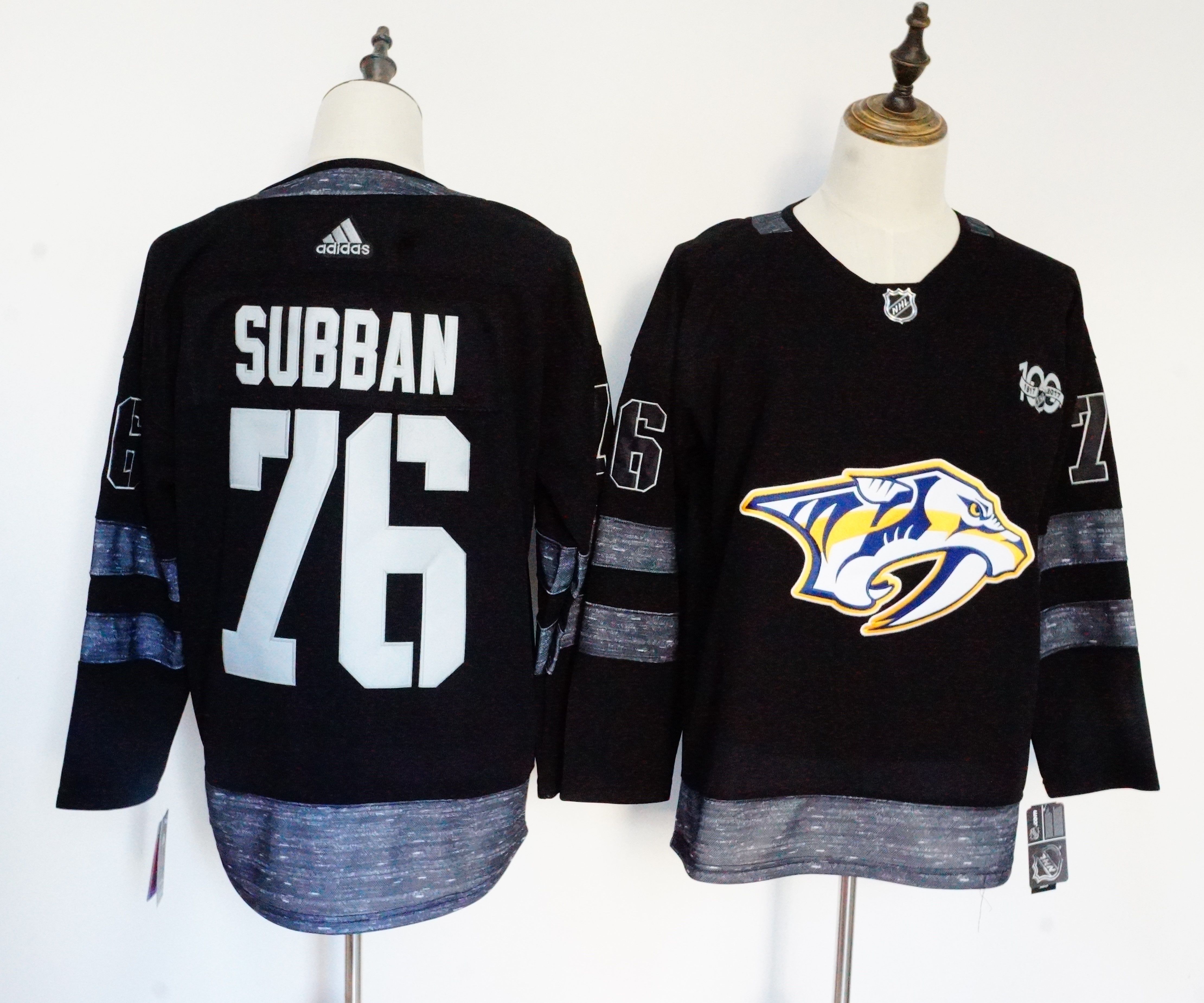 Men Nashville Predators 76 Subban Black 100th Anniversary Stitched Adidas NHL Jerseys